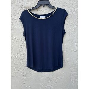 Calvin Klein Navy Blue Cap Sleeve Blouse Gold Chain Neckline Top Size M